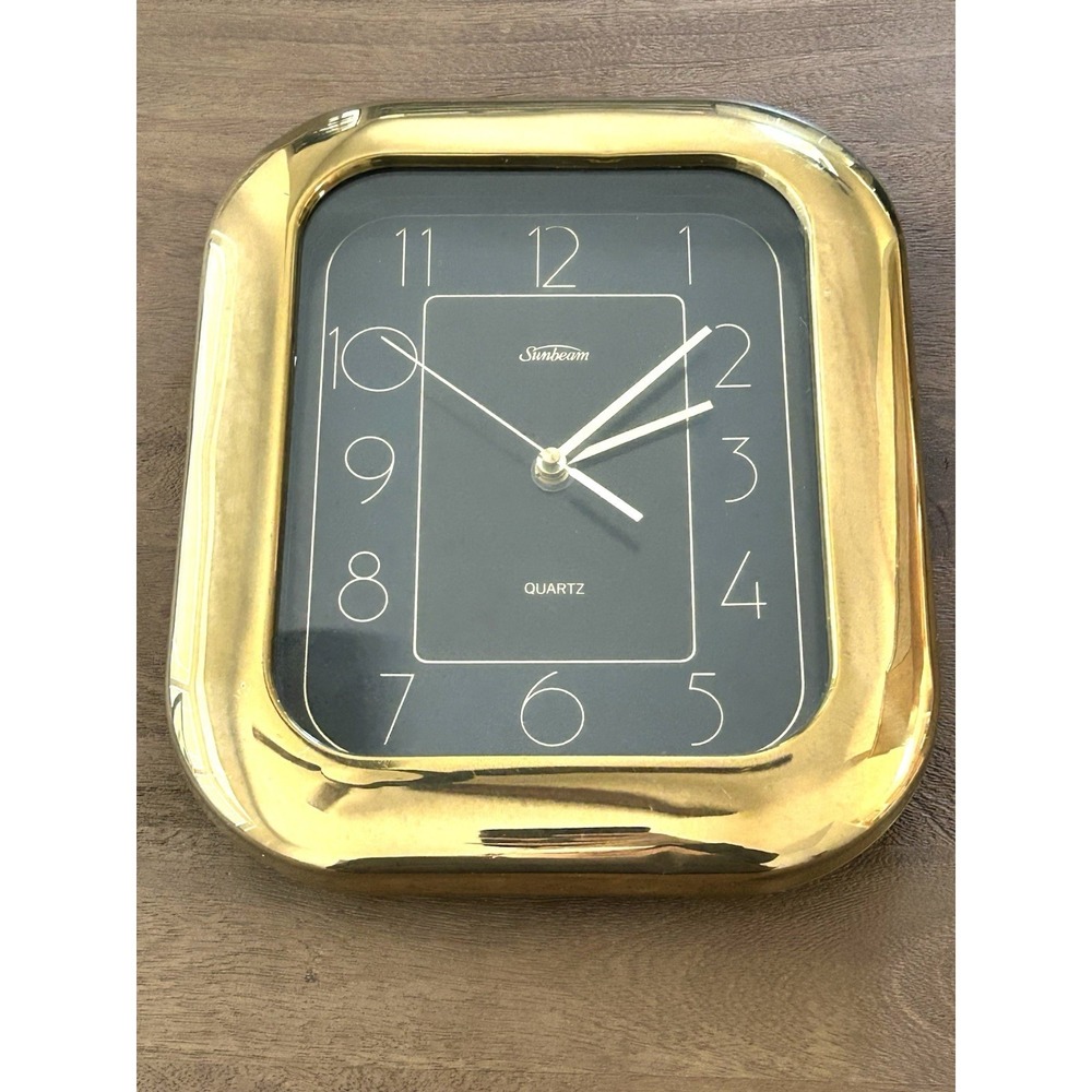 Vintage Sunbeam Quartz Wall Clock Gold Tone Rectangle Black Dial 80's Retro